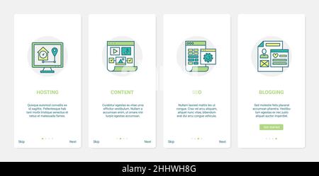Digital media technology promotion vector illustration. UX, UI onboarding mobile app page screen set with line hosting, promo blog content in social m Stock Vector