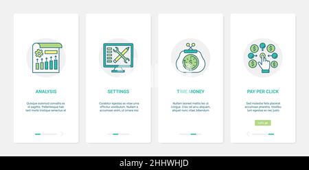 Digital media marketing analyzing technology vector illustration. UX, UI onboarding mobile app page screen set with line time is money, pay per click Stock Vector