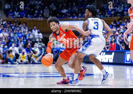 Durham, NC, USA. 25th Jan, 2022. Clemson Tigers guard David Collins (13) drives around Duke Blue Devils guard Jeremy Roach (3) during the second half of the ACC basketball matchup at Cameron Indoor in Durham, NC. (Scott Kinser/Cal Sport Media). Credit: csm/Alamy Live News Stock Photo