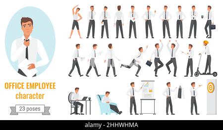 Office workers poses infographic vector illustration set. Cartoon young employee businessman character working, happy winner manager jumping, showing Stock Vector