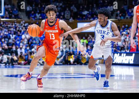 Durham, NC, USA. 25th Jan, 2022. Clemson Tigers guard David Collins (13) drives around Duke Blue Devils guard Jeremy Roach (3) during the second half of the ACC basketball matchup at Cameron Indoor in Durham, NC. (Scott Kinser/Cal Sport Media). Credit: csm/Alamy Live News Stock Photo