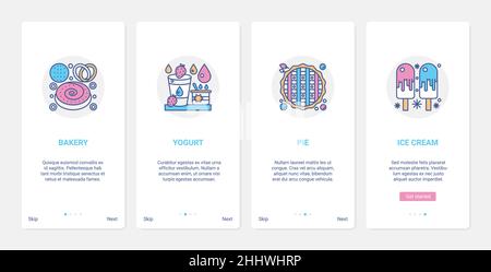 Pastry shop, confectionery fastfood sweet menu vector illustration. UX, UI onboarding mobile app page screen set with line ice cream gelato yogurt pie Stock Vector