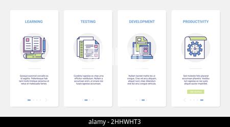 Creative education processes vector illustration. UX, UI onboarding mobile app page screen set with line quality productivity in development of creati Stock Vector