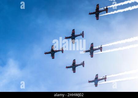 Melbourne, Australia. 26th Jan, 2022. Tennis: Grand Slam - Australian Open. The Royal Australian Air Force's 'Roulettes' aerobatic squadron flies over the Australian Open tournament site to mark the Australia Day holiday. Credit: Frank Molter/dpa/Alamy Live News Stock Photo