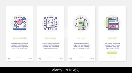 Brainstorm teamwork creative process vector illustration. UX, UI onboarding mobile app page screen set with line brain work for organization, project Stock Vector