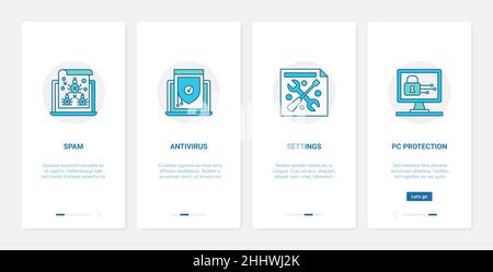 Antivirus computer protection, cybersecurity technology vector illustration. UX, UI onboarding mobile app page screen set with line software settings Stock Vector