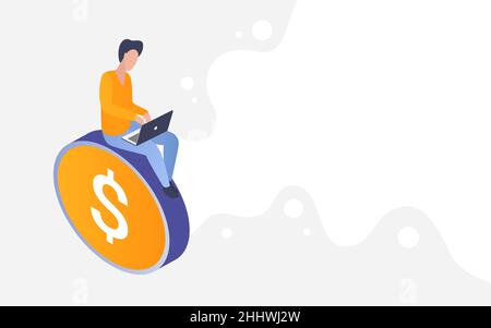 People make money online, finance profit, investment growth isometric vector illustration. Cartoon businessman investor character working with laptop, Stock Vector