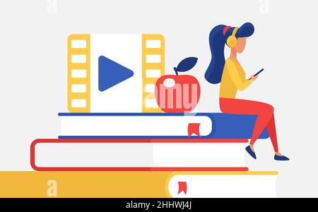 Online education vector illustration. Cartoon tiny student woman character with headphones sitting on book from library, using smartphone for internet Stock Vector