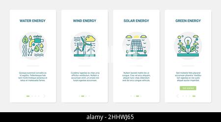 Recycling industry, renewable energy source green technology vector illustration. UX, UI onboarding mobile app page screen set with line industrial hy Stock Vector