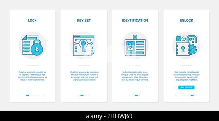 Security modern technology vector illustration. UX, UI onboarding mobile app page screen set with line lock and unlock safe digital system, privacy ke Stock Vector