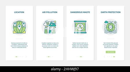 Protect ecology planet from pollution vector illustration. UX, UI onboarding mobile app page screen set with line industry pollutes air, earth with da Stock Vector