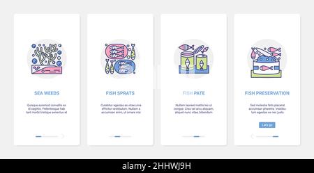 Seafood preserves, sea canned food vector illustration. UX, UI onboarding mobile app page screen set with line fish plate menu with seaweed sprats in Stock Vector
