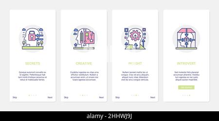 Mind creative process psychology vector illustration. UX, UI onboarding mobile app page screen set of abstract line human head processing in mental se Stock Vector