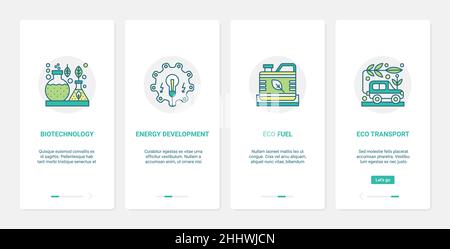 Biotechnology science eco technology vector illustration. UX, UI onboarding mobile app page screen set with line scientific research for environmental Stock Vector