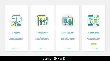 Media advertising commercial technology vector illustration. UX, UI onboarding mobile app page screen set with line focus group analysis, dialogue wit Stock Vector