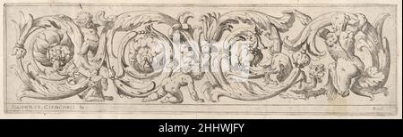 Disegni Varij di Polifilo Zancarli (Friezes) ca. 1625 Polifilo Giancarli Italian Design for a frieze with a meandering acanthus scroll with three full loops. On the right side a satyr has been depicted from the back, he holds onto the acanthus scroll with both arms. To his left a fantastical feline creature is placed. Interspersed between the acanthus scrolls there are also three playful putti and a little dog.. Disegni Varij di Polifilo Zancarli (Friezes)  411970 Stock Photo