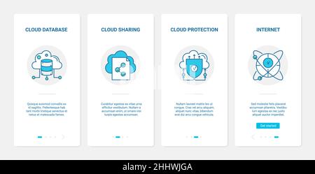 Cloud database protection, safety technology vector illustration. UX, UI onboarding mobile app page screen set with line modern safe network software Stock Vector