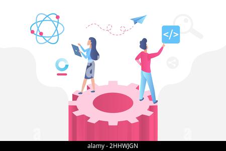 Working process abstract technology vector illustration. Cartoon man woman analyst office workers characters standing on big gear, using mobile device Stock Vector