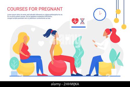 Online pregnant course vector illustration. Cartoon maternity lessons promote natural parenthood, instructor training group of pregnant woman characte Stock Vector