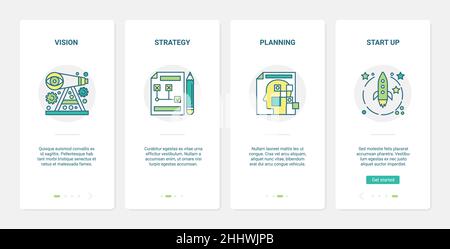 Vision strategy startup planning vector illustration. UX, UI onboarding mobile app page screen set with line symbols with start of new business projec Stock Vector