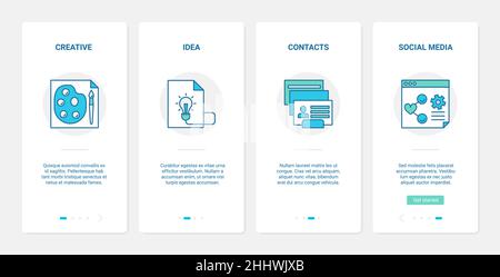 Business project creation in social media vector illustration. UX, UI onboarding mobile app page screen set with line creative ideas for content blog Stock Vector
