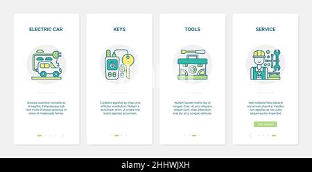 Car service center and tools vector illustration. UX, UI onboarding mobile app page screen set with line equipment and key for electric car automobile Stock Vector