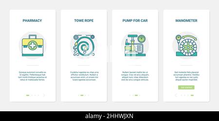 Repair equipment for car service vector illustration. UX, UI onboarding mobile app page screen set with line car pump, manometer pressure gauge, first Stock Vector