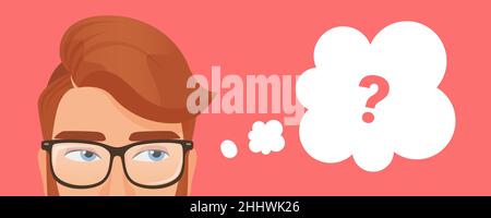 Man thinking vector illustration. Cartoon pensive young smart confused male character wearing glasses thinks with question mark in cloud communication Stock Vector