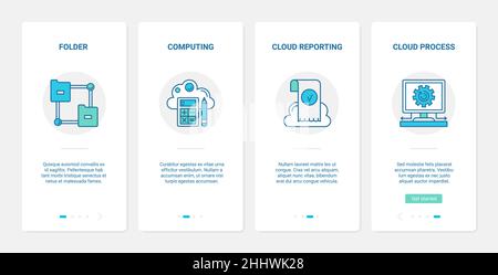 Cloud computing technology, remote access vector illustration. UX, UI onboarding mobile app page screen set with line sync folders and data documents, Stock Vector