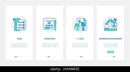 Business plan, development technology vector illustration. UX, UI onboarding mobile app page screen set with line planning and analysis of financial b Stock Vector