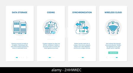Cloud data storage service vector illustration. UX, UI onboarding mobile app page screen set with line online storing database information, transfer a Stock Vector