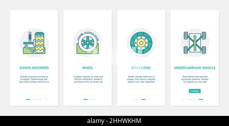 Car vehicle parts, automotive transport repair service vector illustration. UX, UI onboarding mobile app page screen set with line auto car shock abso Stock Vector