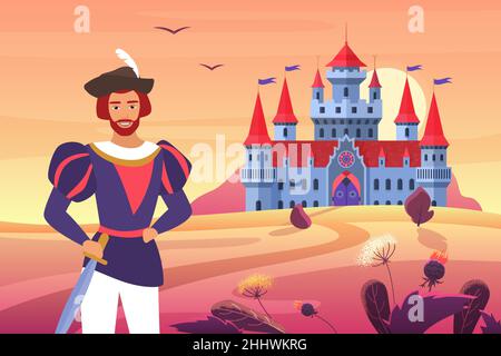 Prince in medieval clothes standing next to fantasy castle in fairytale landscape vector illustration. Cartoon happy young prince man character wearin Stock Vector
