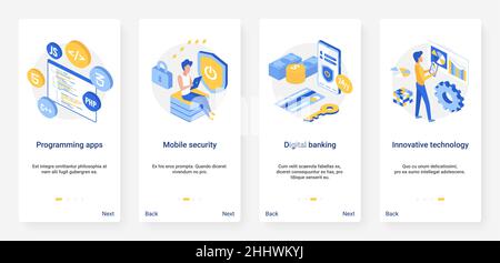 Security digital banking innovative technology isometric vector illustration. UX, UI onboarding mobile app page screen set with 3d innovations in bank Stock Vector