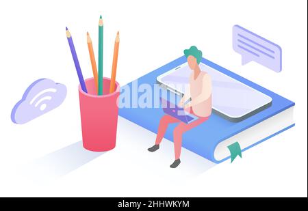 Isometric people work study online concept vector illustration. Cartoon tiny man student or worker character sitting on big book with laptop and study Stock Vector