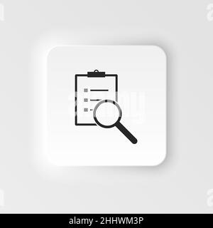 Scrutiny document plan neumorphic icon in flat style. Review statement vector illustration on white isolated background. Document with magnifier loupe Stock Vector