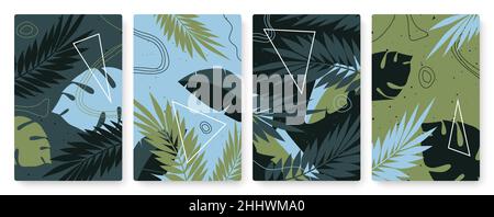 Abstract trendy minimal nature geometric shapes, leaves vector illustration set. Minimalist leaf of tropical trees plants, geometry and hand drawn lin Stock Vector