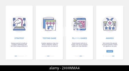 Video games entertainment technology vector illustration. UI, UX onboarding mobile app page screen set with line award medal for gamer player winner, Stock Vector