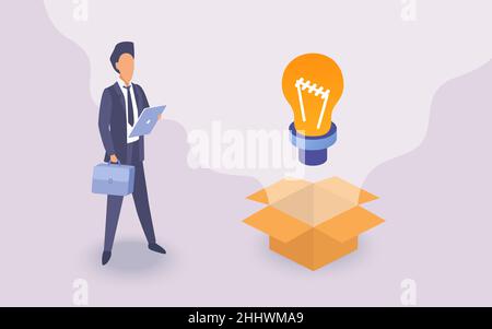Business idea, insight in work concept vector illustration. Cartoon businessman character holding tablet and briefcase, standing next to light bulb cr Stock Vector