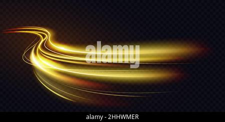Abstract shiny color gold wave light effect vector illustration. Magic golden luminous glow design element on dark background, orange and yellow lumin Stock Vector