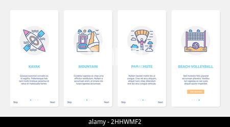 Summer time extreme sport activity vector illustration. UI, UX onboarding mobile app page screen set with line kayak boat for kayaking in nature lands Stock Vector