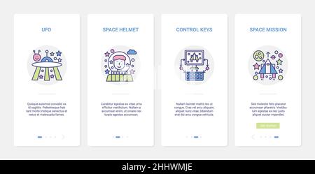 Video digital game, space mission vector illustration. UI, UX onboarding mobile app page screen set with line control gamepad for gamer, aliens ufo sp Stock Vector