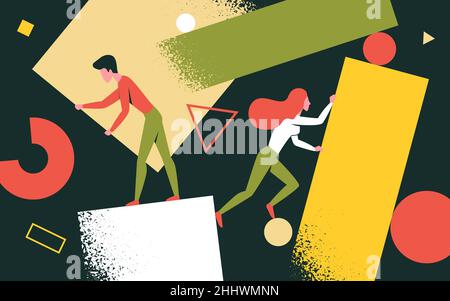 Creative problem solving concept vector illustration. Cartoon man woman characters holding abstract shapes, figures and forms, create solution for bus Stock Vector