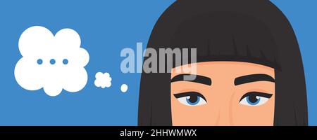 Girl thinking vector illustration. Cartoon beautiful young woman character thinking about problem with dots in think bubble, expression portrait with Stock Vector