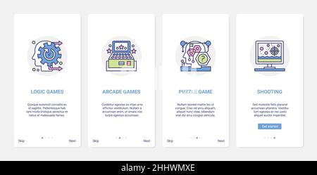 Video games entertainment genres vector illustration. UI, UX onboarding mobile app page screen set with line abstract human head playing logic and puz Stock Vector