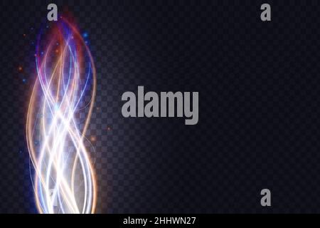 Luminous energy wavy lines, abstract light effect vector illustration. Glowing white orange blue neon vertical stream waves, dazzle glow trail with ma Stock Vector