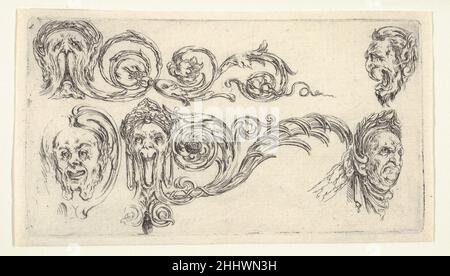 Plate 4: five grotesque heads, from 'Friezes, foliage, and grotesques' (Frises, feuillages et grotesques) ca. 1638–43 After Stefano della Bella Italian. Plate 4: five grotesque heads, from 'Friezes, foliage, and grotesques' (Frises, feuillages et grotesques)  397812 Stock Photo