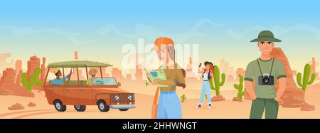 Tourist people travel in Arizona wild west desert landscape vector illustration. Cartoon man woman traveler characters make travel photo of western wi Stock Vector