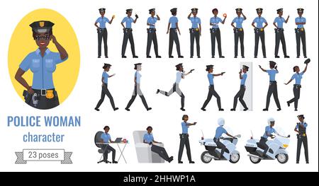 Police officer woman poses vector illustration set. Cartoon young black african american female character working different poses, gestures and action Stock Vector