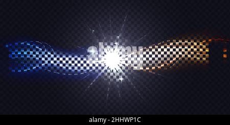 Abstract shiny orange blue color waves connect and flow vector illustration. Magic gold luminous wavy curve shapes connecting and glowing, neon swirl Stock Vector